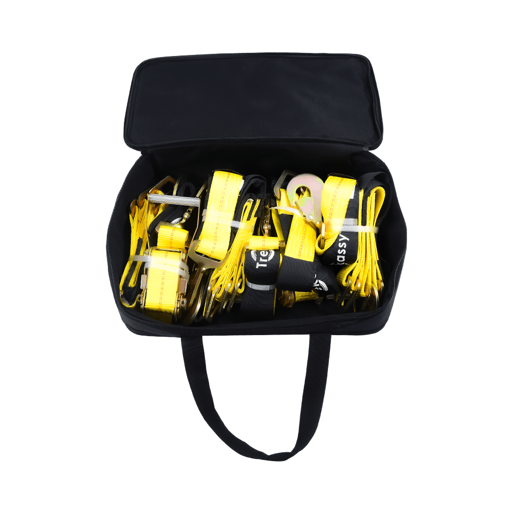 Ancoraggio per auto con moschettoni - Stile lazo - 2 pollici x 96 pollici - Confezione da 4 - Giallo classico - Carico di lavoro sicuro di 3.300 libbre
